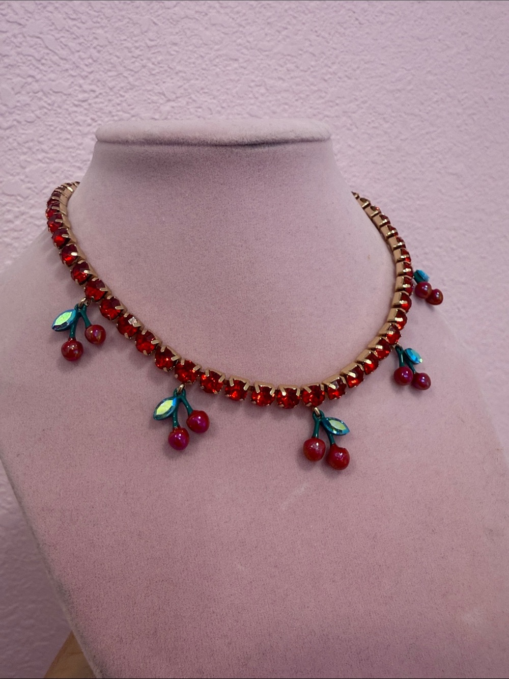 Red Cherry Drop Necklace with Teal Accents - Women Jewelry